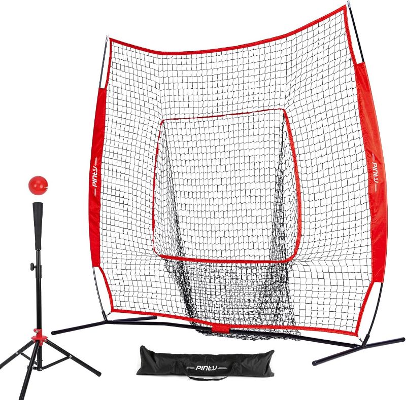 Photo 1 of Baseball and Softball Practice Net 7'×7' Portable Hitting Batting Training Net with Carry Bag & Metal Frame + Baseball Softball Batting Tee (Baseball Net with Batting Tee)