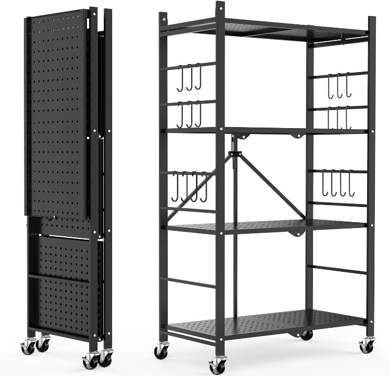 Photo 1 of Himix Storage Shelves with 20 Hooks, 4-Tier Foldable Shelves for Storage, Folding Shelf Unit Pantry Shelves with Wheels, Metal Shelving Storage Rack Shelf for Kitchen Garage Home, Black - No Assembly