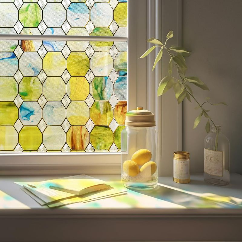 Photo 1 of 3D Stained Glass Window Film, Decorative Window Privacy Film for Bathroom,Front Door,Home, Sun Blocking Heat Control,Static Cling, Eternal Prism 23.6inch x 35.4inch