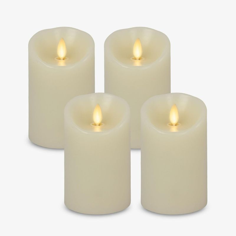 Photo 1 of 4-Pack Ivory Moving Flame Pillar Flameless LED Candle, Scalloped Edge,Plastic, Unscented, Timer (3" x 4.5")