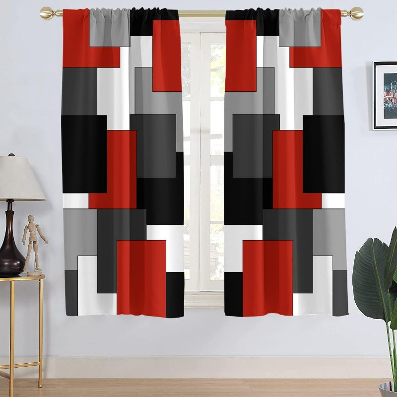 Photo 1 of AAtter Red and Black Window Curtain Grey Gray White Multicolor Geometric Silver Dark Abstract Square Art Living Room Bedroom Window Drapes Treatment Fabric 1 Pair Home Decor, 42" W x 63" L, Modern