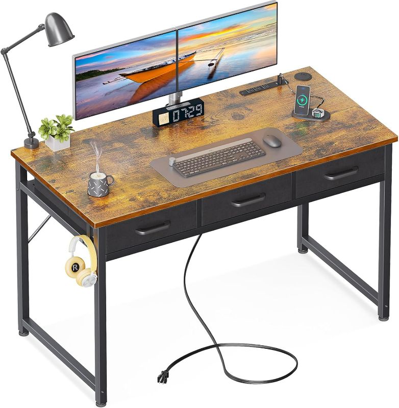 Photo 1 of AODK 48 Inch Computer Desk with 3 Fabric Drawers, Office Desk with USB/Type-C Charging Ports & Power Outlets, Vanity Desk with Iron Hook for Bedroom, Study/Writing/Work Table for Bedroom,Vintage