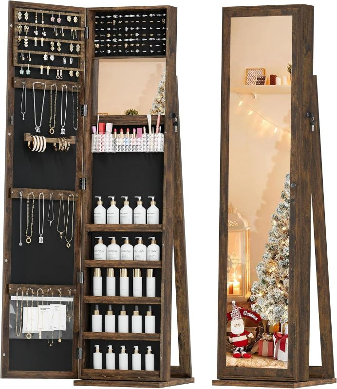Photo 1 of Mirror Jewelry Cabinet Standing, Full Length Mirror Jewelry Armoire, Jewelry Organizer, Lockable Jewelry Storage for Women Girl, Brown