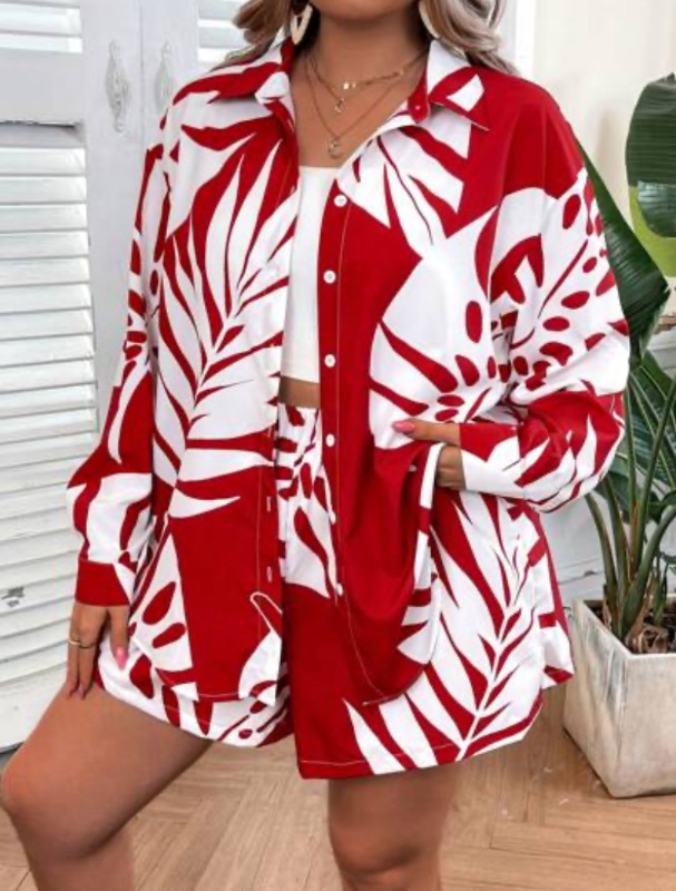 Photo 1 of 1XL SHEIN VCAY Plus Size Vacation Casual 2 Piece Set with Plant Print Long Sleeve Shirt with Shorts