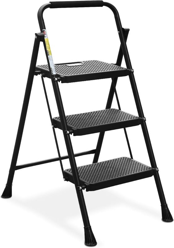 Photo 1 of HBTower 3 Step Ladder, Folding Step Stool with Wide Anti-Slip Pedal, Sturdy Steel Ladder, Convenient Handrail, Lightweight, Portable Steel Step Stool