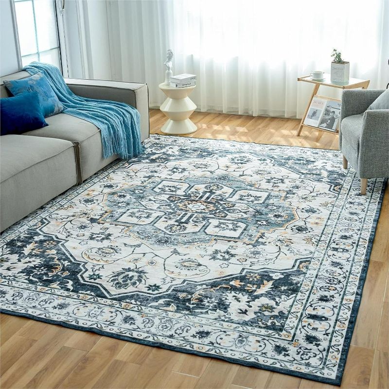 Photo 1 of OIGAE Modern Abstract Area Rug 6x9 - Soft Durable Low-Pile Machine Washable Rug with Non-Slip Backing, Stain Resistant for Living Room, Bedroom, Dining Room, and High-Traffic Areas, Blue