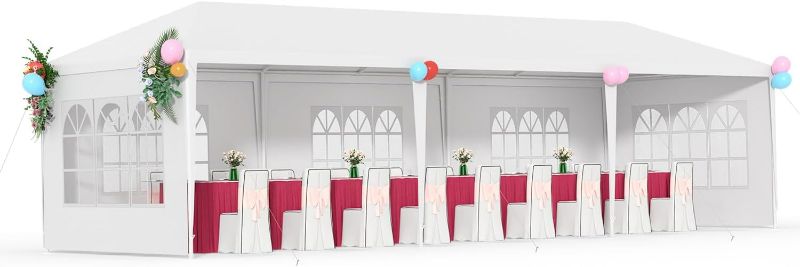 Photo 1 of 10’ x 30’ Party Tent Portable Outdoor Canopy Tent Sturdy Pop Up Gazebo with 5 Removable Walls Easy Assembly Outdoor Tents for Parties Wedding Event Backyard Patio, White