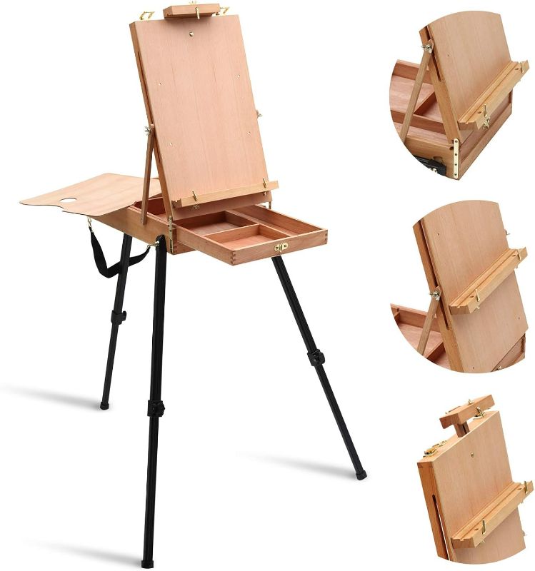 Photo 1 of Falling in Art Light Weight French Style Field and Sketchebox Easel with Aluminum Tripod, Adjustable Beechwood Tripod Standing Easel with Drawer, Palette