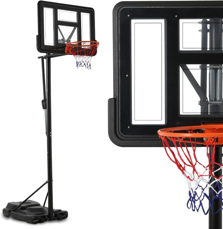 Photo 1 of Monibloom Basketball Hoop Outdoor 7ft- 10ft Adjustable with 43 Inch Backboard Wheels Fillable Base, Basketball Equipment for Youth & Adults Indoor Outdoor Use, Black