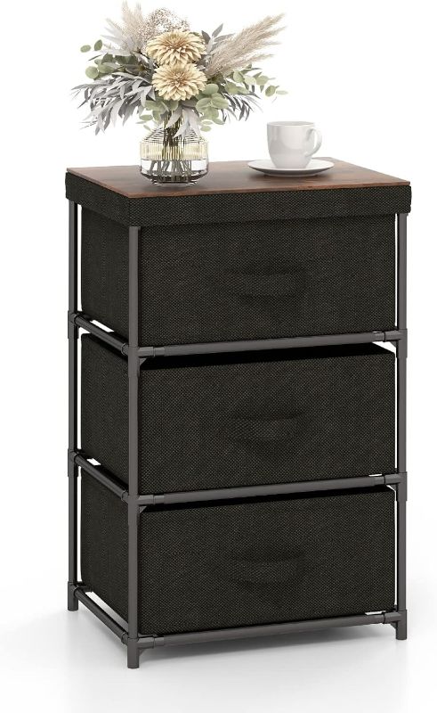 Photo 1 of Giantex Nightstand with 3 Fabric Drawers, 24.5" Storage Dresser with Metal Frame and Wood Top for Closet, 3-Drawer Bedside Table with Removable Lid for Bedroom Dorm, Easy Assembly (1, Black)