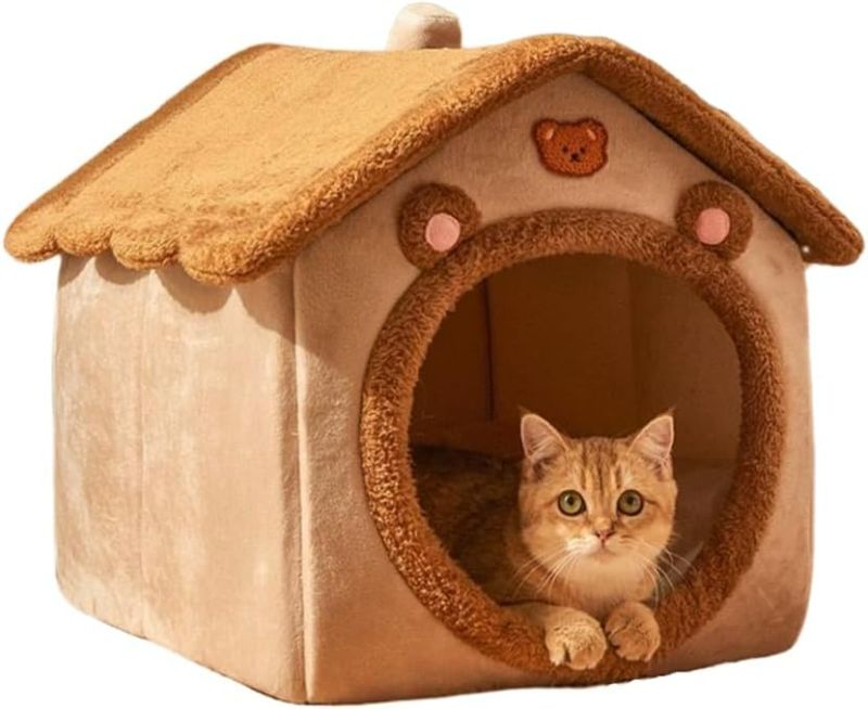 Photo 1 of Cat Bed for Indoor Cats,Cozy Cat Cave Bed Cat House Cat Tent with Removable Cushion Pillow,Soft Warm Pet House Puppy Bed,Cute Bear Pet Nest for Cat Kitten Small Dogs (Brown, L-17.7x15.75x17.7 Inches)