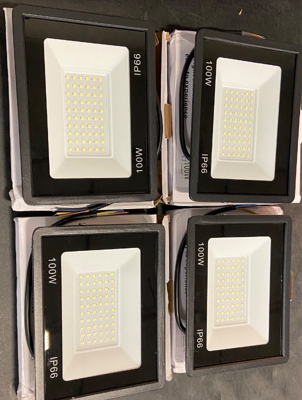Photo 1 of 4Pack LED Flood Light Outdoor,100W LED Work Light 11000lmwith 6FT US Plug,IP66 Waterproof Exterior Security Lights,6000K Daylight White Outside Floodlights Slim Design for Playground Yard