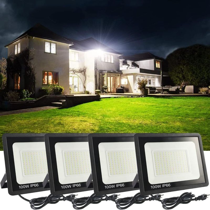 Photo 1 of 4Pack LED Flood Light Outdoor,100W LED Work Light 11000lmwith 6FT US Plug,IP66 Waterproof Exterior Security Lights,6000K Daylight White Outside Floodlights Slim Design for Playground Yard