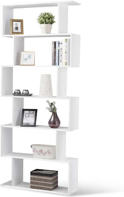 Photo 1 of Tangkula 6-Tier Geometric Bookcase, Modern S-Shaped Storage Display Bookshelf for Living Room, Anti-Toppling Device, Home Office Wooden 6 Shelf Open Bookcase (1, White)