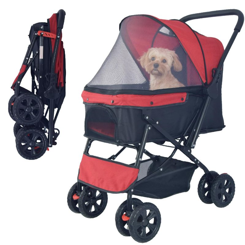 Photo 1 of Reversible Handlebar Pet Stroller for Medium Dogs, Dog Stroller with 360 Rotating Front Wheel, Foot Brake, Wide Mesh Canopy, 2 Security Leashes, Cup Holder, and Storage Basket (Red Black)