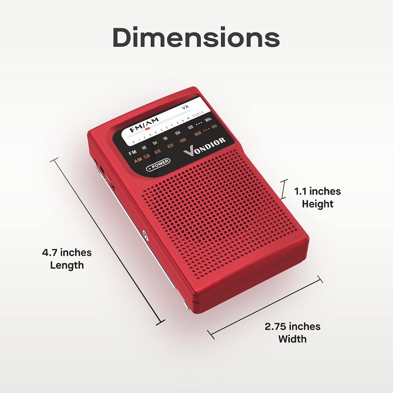 Photo 1 of AM FM Battery Operated Portable Pocket Radio - Best Reception and Longest Lasting. AM FM Compact Transistor Radios Player Operated by 2 AA Battery, Mono Headphone Socket, by Vondior (Red)
