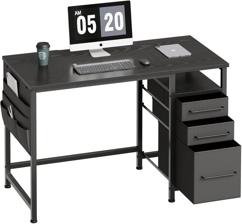 Photo 1 of ??????? Maihail Small Desk with Drawers, 40 inch Computer Desk with Shelves, Writing Desk with Storage, Small Office Desk with Metal Frame, Black
