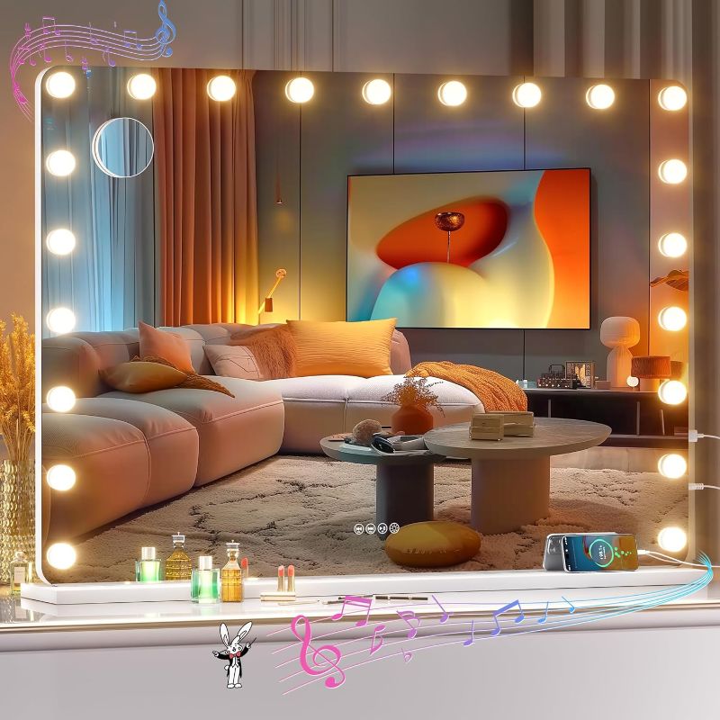 Photo 1 of 42''X30'' Vanity Mirror With Bluetooth Speaker, Hollywood Lighted Makeup Mirror with 21 Dimmable LED Bulbs, 3 Color Lighting Modes & Stepless Dimming, 5X Magnification, Tempered Glass, USB & Type-C
