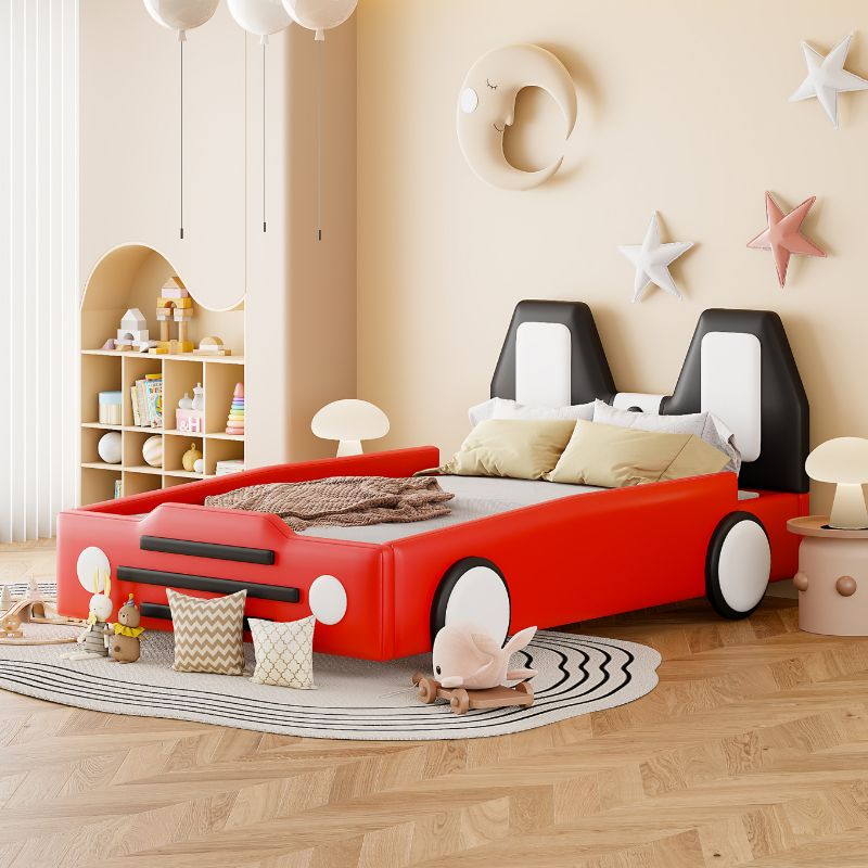 Photo 1 of BOX 2 of 2 *** Twin Size Race Car-Shaped Bed with Wheels, Leather Upholstered Bed with Side Rails, Toddlers Platform Bed Frame for Kids Boys Girls, No Box Spring Needed, Red * NOT COMPLETE 
