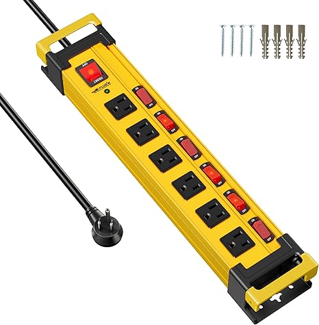 Photo 1 of 6 Outlet Heavy Duty 2700J Power Strip Surge Protector with Individual Switches Metal Mountable Power Strip with Flat Plug and Cord Manager, 6FT Long Extension Cord for Workshop, Workbench and Garage