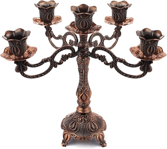 Photo 1 of 5-Candle Metal Candelabra 10.3 Inch Tall Candlestick Candle Holders for Home Decor Wedding Christmas Church Halloween Party, Red Bronze Tulip
