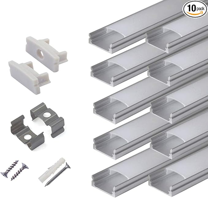 Photo 1 of 10-Pack 6.6ft/ 2Meter U Shape LED Aluminum Channel System with Milky Cover, End Caps and Mounting Clips, Aluminum Profile for LED Strip Light Installations, Very Easy Installation
