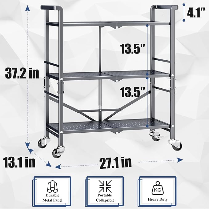 Photo 2 of 3 Tier Rolling Utility Foldable Cart - Metal Folding Cart with Wheels, Collapsible Service Cart Storage Shelf Rack for Kitchen Office Garage Plant Outdoor cart, Gray