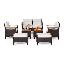 Photo 1 of 7-Piece Patio Rattan Furniture Set Cushion Armrest Loveseat Ottoman Table in Off White BOX 1 OF 2
