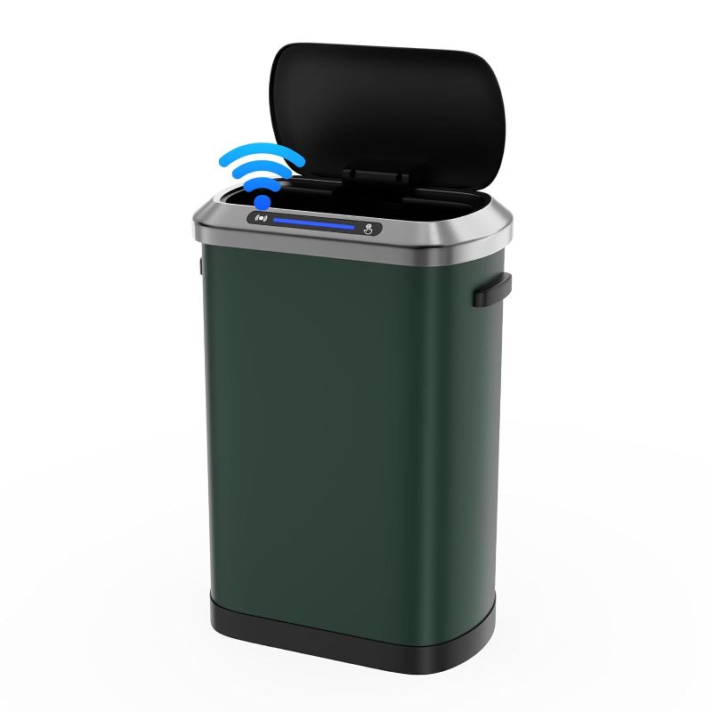 Photo 1 of 13 Gallon 50L Green Automatic Smart Trash Can with Lid for Kitchen Office Bedroom Waste Bin and More, Stainless Steel Thickened Body and Super Mute Sensor Lid Garbage Can with 30 Count Garbage Bags

