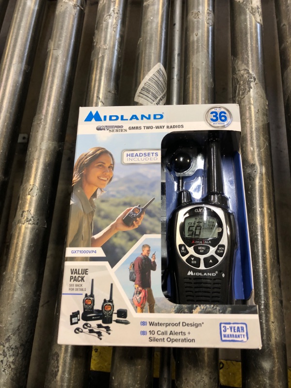 Photo 1 of Midland GXT1000VP4 - 50 Channel GMRS Two-Way Radio - Long Range Walkie Talkie with 142 Privacy Codes, SOS Siren, and NOAA Weather Alerts and Weather Scan (Black/Silver, Pair Pack) Pair Pack - Black/Silver