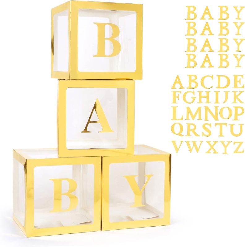 Photo 1 of Baby Boxes with 42pcs Letters for Baby Shower Transparent Balloon Boxes Clear Balloon Box Blocks for Boy Girl Gender Reveal Party and Birthday Party (Gold)
