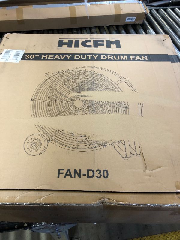 Photo 3 of 13000 CFM 30 inch Heavy Duty High Velocity Barrel Floor Drum Fan With Powerful 1/3HP Motor, 9ft Cord, 5in Solid Wheels for Workshop, Garage, Commercial or Industrial rooms - UL Safety Listed