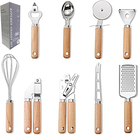 Photo 1 of 9Pcs Kitchen Gadget Set with Wooden Handle, Cooking Kitchen Tools Including Pizza Cutter, Garlic Press, Can Opener, Bottle Opener, Ice Cream Scoop, Peeler, Cheese Grater, Cheese Knife, Whisk