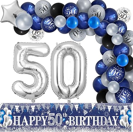 Photo 1 of 50th Birthday Party Decorations Navy Blue Silver Happy 50th Birthday Yard Banner with 61pcs Latex Balloons Foil Number 50 Balloons Backdrop for Men Women Birthday Anniversary Party Decor Supplies