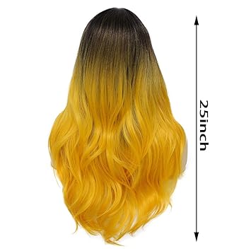 Photo 1 of AISI QUEENS Ombre Yellow Wig for Women Long Curly Wavy Cute Yellow Black Wigs Middle Part Synthetic Hair Wigs Halloween Cosplay Daily Party Wigs (26inch, Ombre Yellow)