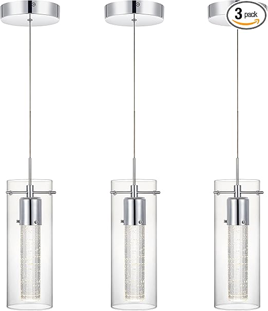 Photo 1 of 1-Light Modern Pendant Ceiling Light Fixture, Dimmable Integrated LED Chandeliers for Dining Room Over Table, Kitchen Island Hanging Light with Crystal Bubble Glass, 9w, Chrome, ETL Listed,3 Pack