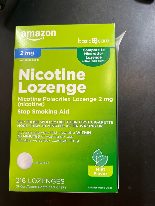 Photo 2 of Amazon Basic Care Nicotine Polacrilex Lozenge, 2 mg (Nicotine), Mint Flavor, Stop Smoking Aid, Adult, 216 Count ---------------BB 11-2025