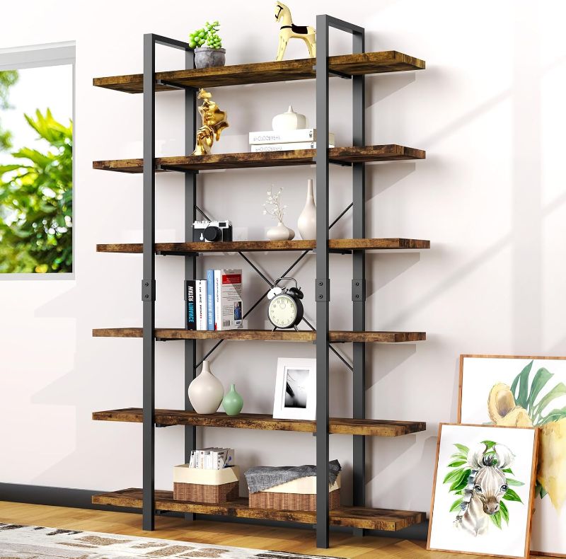 Photo 1 of 6 Tier Bookshelf, 83 inch Tall Bookcase Industrial Wooden Bookshelves Large Wall Etagere Rustic Vintage Book Shelf with Metal Frame Open Storage Rack for Living Room Home Office
