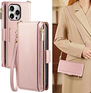 Photo 1 of Antsturdy Compatible with iPhone 15 Pro Max Wallet Case for Women ?RFID Blocking? Crossbody Phone Case PU Leather Zipper with Wrist Strap Flip Cover Credit Card Holder for Apple 15 Pro Max,Rose Gold