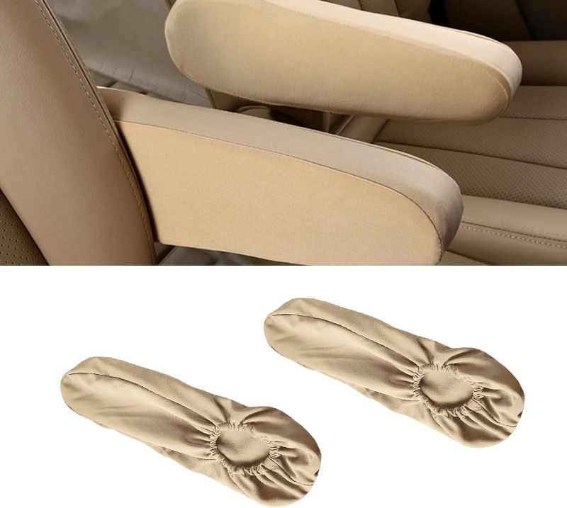 Photo 1 of 2 PCS Car Modified Front Seat Armrest Cover with Elastic Closing Design, Soft Fabric Vehicle Center Console Armrest Decorations, Universal Automotive Armrest Covers for Car Truck (Beige)
