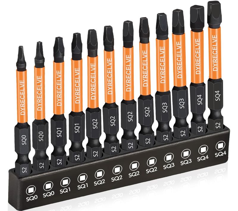 Photo 1 of 12-Pack Square Drive Bits- Premium S2 Alloy Steel Square Bit Set Magnetic Heads- Robertson Square Drill Bit Set (Long 2.55"& Hex Shank) Square Head Screwdriver Sizes #0, 1, 2, 3, and #4
