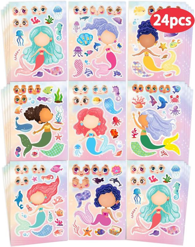 Photo 1 of 24 Pcs Make Your Own Mermaid Sticker Sheets for Kids with Mermaid Face Stickers for Kids Toddlers Girls Crafts Activities Gift Bag Stuffers Birthday Party Valentines Day Gifts for Kids Classroom
