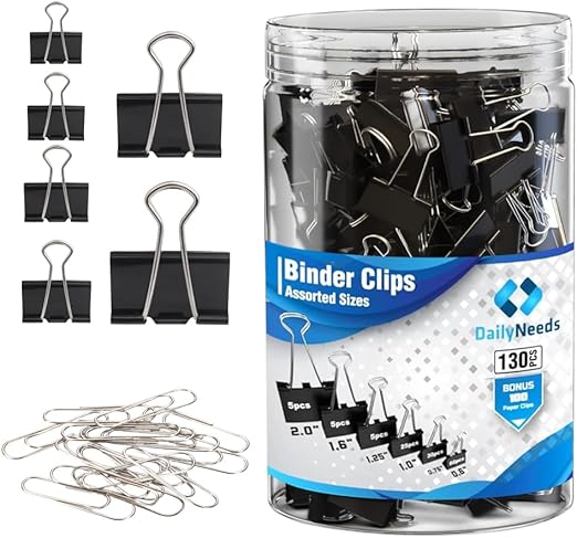 Photo 1 of  Pack Assorted Size Binder Clips [100 Bonus Paper Clips] - 6 Sizes Paper Clamp - Sturdy Container Included (Black)
