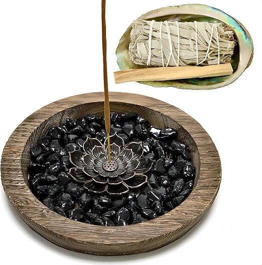 Photo 1 of 5 in 1 Larger Incense Holder for Sticks,Crystal Lotus Incense Holder,Sage Burner Holder,Palo Santo Holder,Candle Holder, Abalone Shell Burner, Wooden Incense Tray Ash Catcher (Black)
