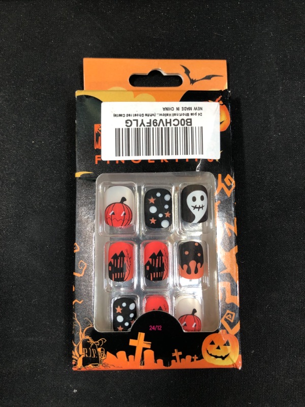 Photo 2 of 24 pcs Short nail HalloweenThemed Nail Design Features 12 Different Sizes,Will Make Your Nails Look Beautifully Captivating Will be Your must-have Accessory Halloween (white Ghost red Castle)