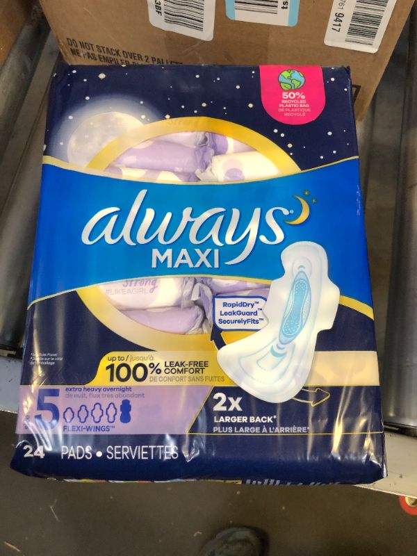 Photo 2 of Always Maxi Overnight Pads with Wings, Size 5, Extra Heavy Overnight, Unscented, 24 Count 