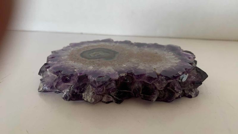 Photo 1 of AMETHYST,AGATE,QUARTZ STALACTITE SLICE 4.5” X 3.5”