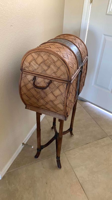 Photo 1 of ASIAN INSPIRED BASKET WITH LID 18” X 12” H 14” AND BAMBOO STAND