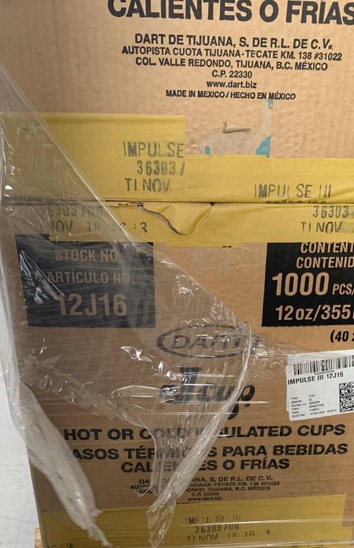 Photo 1 of CASE OF 1000 DART JCUPS HOT OR COLD INSULATED 12OZ. STOCK NUMBER 12J16