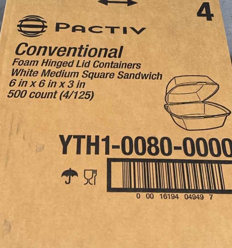 Photo 1 of CASE OF 500 PACTIV CONVENTIONAL FOAM HINGED LID CONTAINER 6" X 6" H 3"